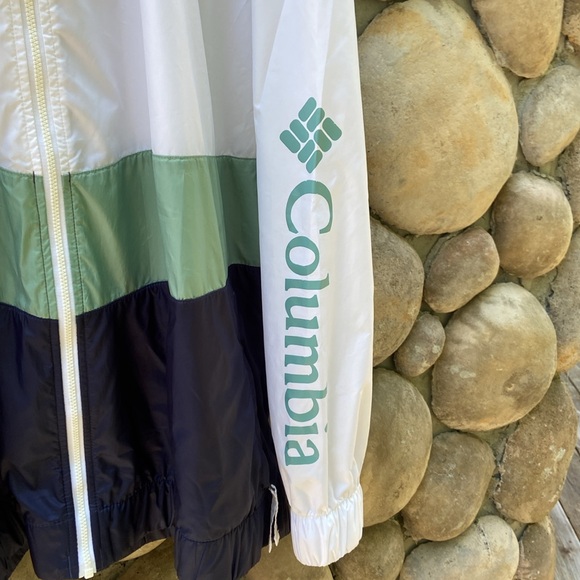 Columbia White/Green/Navy Blue Full Zip Windbreaker - Picture 3 of 6